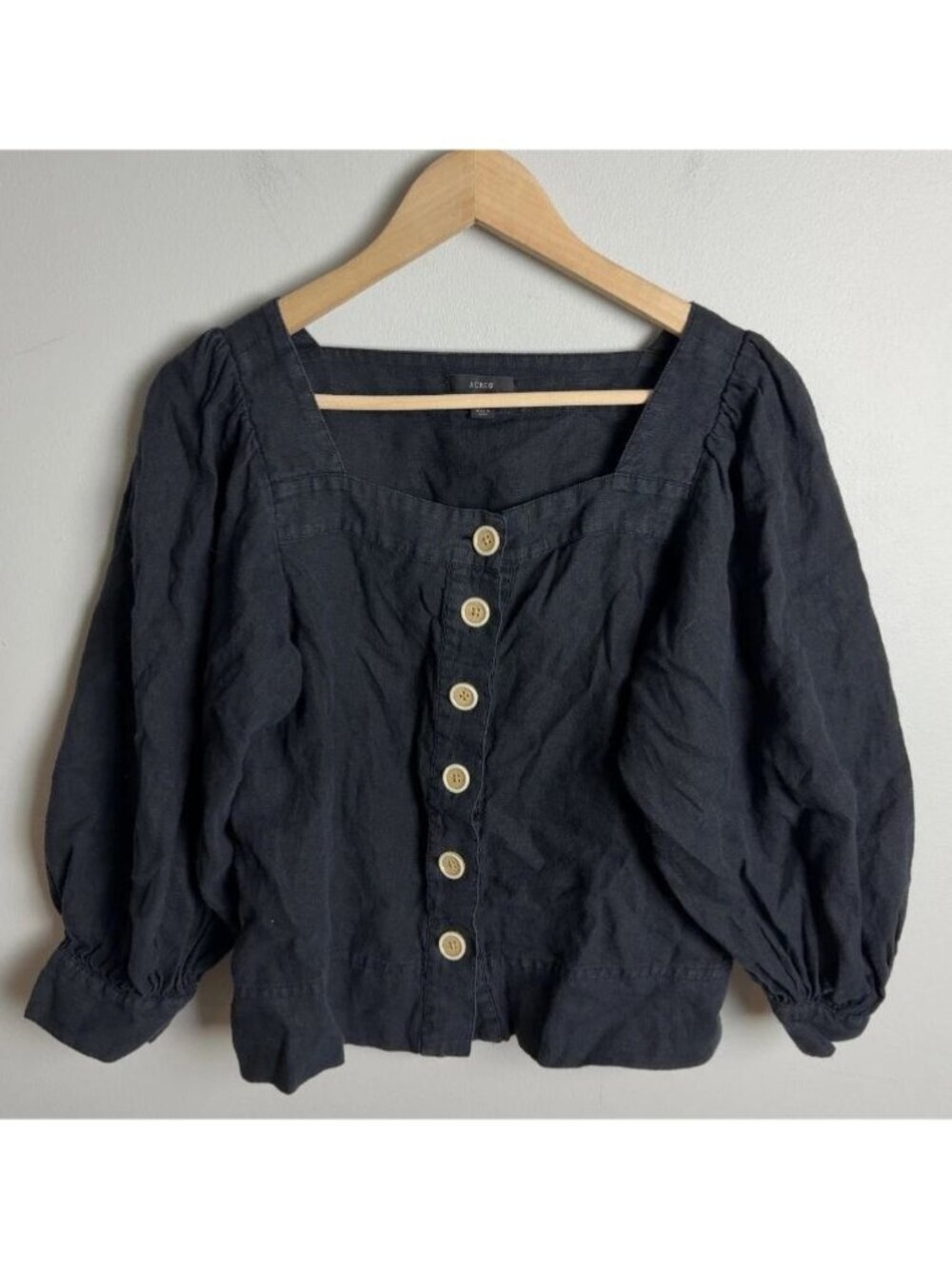 J.Crew Black 100% Linen Square Neck Puff Sleeve Blouse BG249 Size Small Women’s